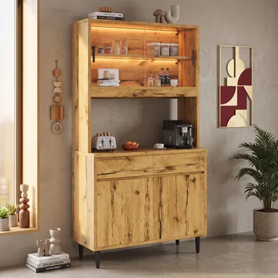 Immagine prodotto di okwish: Armadio da cucina in legno con presa integrata, mobile contenitore alto con illuminazione a LED e ante in vetro trasparente, mobile alto con cassetti
