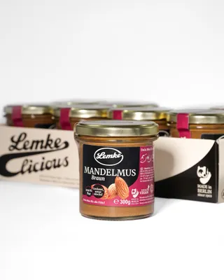 Produktbild von Lemke Braunes Mandelmus 8 x 300 g – 100 % Mandeln | Ohne Zusätze | Vegan | Mandelmus Braun aus Berlin
