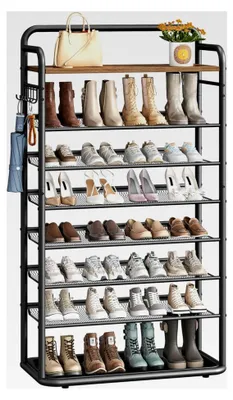 Produktbild von 8-stöckiges Schuhregal, 80 cm Schuhablage, 5 Haken, Schuhabtropfschale, Flache und Kippbare Gitternetzregale, für 28-32 Paar Schuhe, Vintagebraun-schwarz