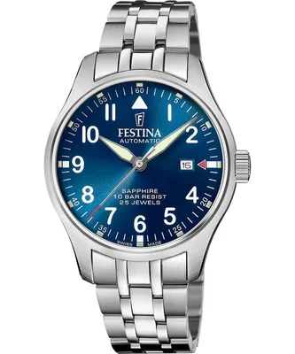 A close-up studio shot of a men's wristwatch with a blue dial and silver metal band.