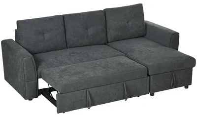 Productafbeelding van 3-zitsbank met slaapfunctie, slaapbank met chaise longue, gestoffeerde bank, donkergrijs