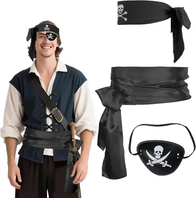 Produktbild von Piratenkostüm Zubehör Set, 3-teilig, Bandana, Augenklappe, Schal, für Damen und Herren