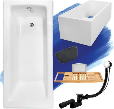 Image de Baignoire rectangulaire 150x70 + support de baignoire + tablette bambou + appuie-tête, écoulement & pieds S | Set complet 6in1 baignoire originale acrylique siphon | BADLAND TALIA