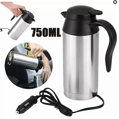 A collage showing a 750ml car electric kettle, with one image showing it being held by a hand, another showing it pouring liquid, and a third showing the charging cable.
