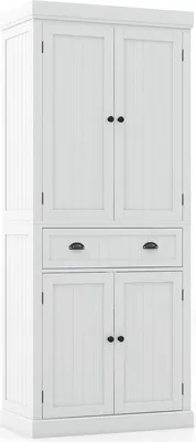 A white wooden buffet cabinet with double doors and drawers.