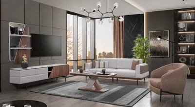 Produktbild von Modernes Wohnzimmer Set 3-Sitzer Couchtisch TV-Ständer Wandregal 5tlg