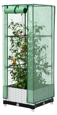 Produktbild von Hochbeet mit Gewächshausabdeckung in Rattan-Optik 40x40x123cm