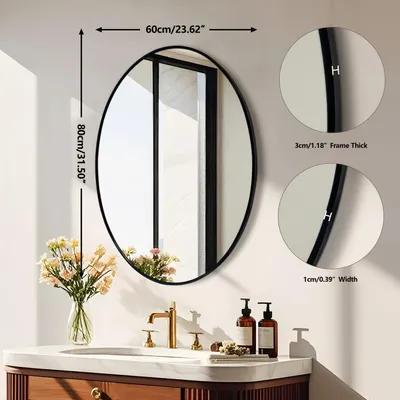 Image de Miroir mural - Miroir de salle de bain ovale - 60x80 cm - Cadre en aluminium noir - Idéal pour les salles de bain, les couloirs, les chambres et les salons