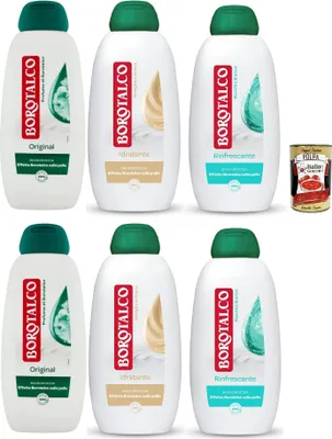 Produktbild von Borotalco Testpaket Duschbad, Duschgel mit Borotalkum-Duft, Formel mit feuchtigkeitsspendenden Mitteln, Borotalkum-Effekt auf der Haut, getestet, 6x 450 ml + Italian Gourmet polpa 400g