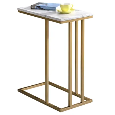 Produktbild von Beistelltisch CARLOTA, Wohnzimmertisch Couchtisch rechteckig im Retro Stil, Metallgestell in gold MDF Tischplatte Nachbildung Marmor weiß