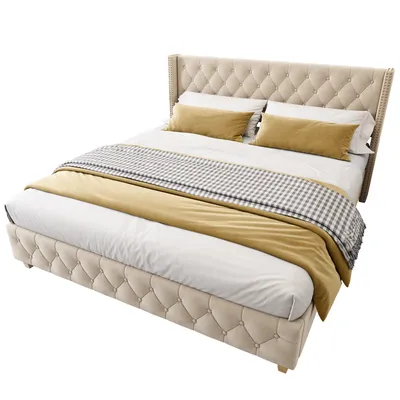 Produktbild von Polsterbett 160*200cm mit Lattenrost und Kopfteil, Knopfpolsterung, Nietenpolsterung, Holzbeine, Samt,