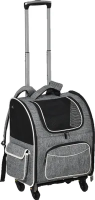 Produktbild von PawHut Hundetrolley Transporttasche Trolley für Hund und Katzen 2-in-1 Haustierrucksack Hundetasche mit Tür und Fenster atmungsaktiv Oxfordstoff Grau 43 x 33 x 51,5 cm