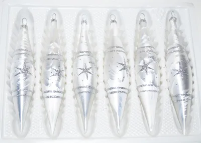 A set of six glass Christmas ornaments in a white plastic tray.