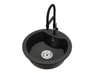 Produktbild von Mila Einbecken-Granitspüle mit Küchenarmatur Venice Schwarz und Siphon Chrom