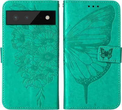 Produktbild von Google Pixel 6 Hülle, Schmetterling Prägung Flip Leder Kartenfächer Schutzhülle Ledertasche mit Ständer für Google Pixel 6 Grün