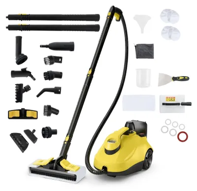 Produktbild von GOPLUS Dampfreiniger 2000W, 5 bar Handdampfreiniger mit 1,8 L Wassertank, Bodenreinigungsset, Düsen und Bezüge,  Dampfbesen auf Rädern für Badezimmer