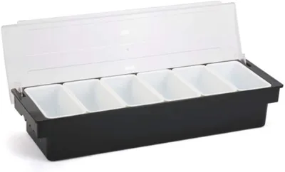 Productafbeelding van Ingrediëntenhouder set, 6-delig. Barbecue-toevoegingenhouder met deksel. 6 x 200 ml. Compartimenten voor citroenen, fruit, olijven en cocktails. Met transparant klapdeksel. 50x15x10 cm, zwart
