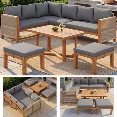 Image de Ensemble de mobilier de jardin modulaire en bois d'acacia, canapé d'angle 6 places avec coussins gris, 2 poufs et une table en bois d'acacia, pour la terrasse