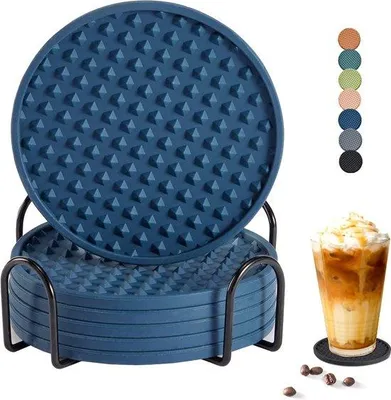 Image de Lot de 6 dessous-de-plat en silicone avec fixation - pour tous les types de tables - dessous-de-plat - pour la décoration d'intérieur et les cadeaux de mariage - bleu foncé