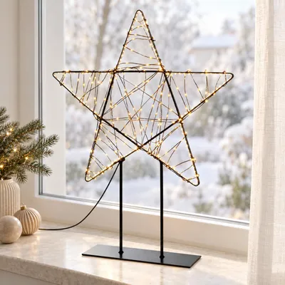 Produktbild von HAGO24 LED-Weihnachtsfigur auf Standfuß Warmweiß und extra warmweiß Metall LED-Leuchtstern Weihnachtsstern Metall-Weihnachtsdeko 350 Micro-LEDs 15 % Blinkfunktion 500 cm Zuleitung
