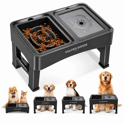 Produktbild von Vulpes Goods Futterstation Hund, Erhöhte Hundenäpfe 4 Höhenverstellbar, Futterstation für kleine, mittlere und große Hunde und Haustiere, Schwarz, KI-generiertes Bild