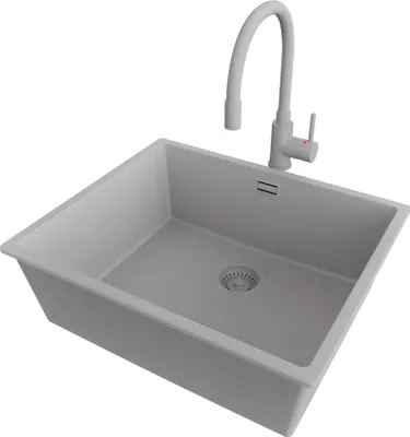 Produktbild von PRIMAGRAN Unterbauspüle Granit Grau 56x47cm, Spülbecken 1 Becken + Küchenarmatur 38x14cm + Ablauf-Set, Granitspüle ab 60er Unterschrank - London