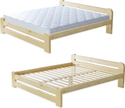 Two views of a wooden bed frame, one with a mattress and one without.