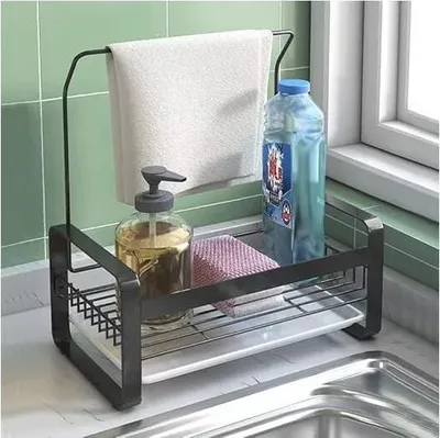Obrázek produktu pro Nerezový držák na houbičky do dřezu s držákem na ručníky, odnímatelná polička pro odkládání kartáčů na mytí nádobí, houbiček a mycích prostředků (černý, velký)