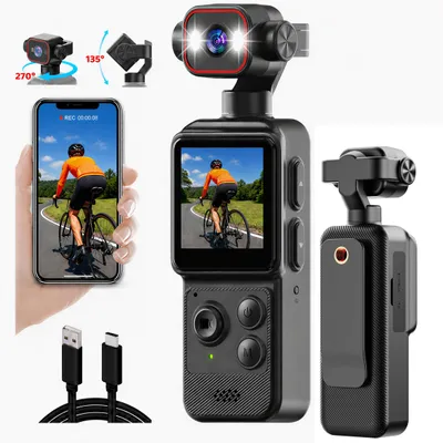 Produktbild von 4K Mini-Actionkamera mit Clip,1,54 Zoll Display, 140° Weitwinkel Action Cam ,App-Steuerung, Bewegungserkennung, LED-Leuchten, 1200mAh, für Vlog