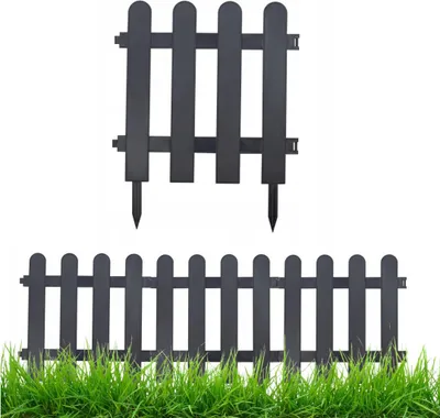 Two garden fence elements are shown against a white background, with a third element partially visible in the foreground with grass.