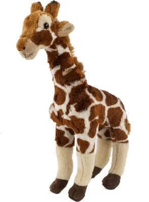 A plush toy giraffe standing on a white background.
