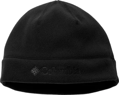A black fleece beanie with the Columbia logo embroidered on the front.