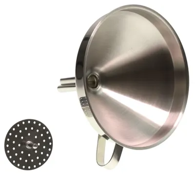 Produktbild von Fackelmann Trichter Ø 14 cm, Einfülltrichter für Flaschen und Gläser mit Siebeinsatz (Farbe: Silber)
