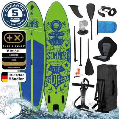 Produktbild von BRAST SUP Board Summer | Aufblasbares Stand up Paddle Set | 320x81x15cm | 6 Designs | inkl. Sonderzubehör | 2in1 Paddel Kajak-Sitz Action-Cam-Halterung Fußschlaufe Rucksack | Grün
