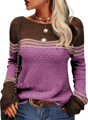 Image de AKSA Pulls tricotés femmes Automne Hiver Long Pull oversize Sweat à manches longues Duenne Elégant Sweatshirt col rond Casual Pull d'hiver,Violet,XXL