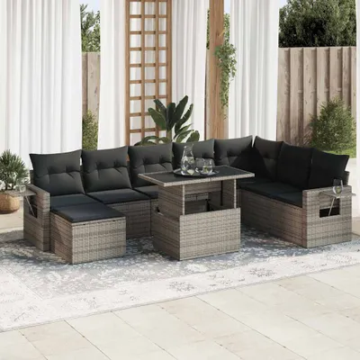 Produktbild von Design 9-tlg. Garten-Sofagarnitur mit Kissen Grau Poly Rattan, Gartenmöbel-Sets 2024 Neu