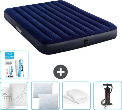 Obrázek produktu pro Nafukovací postel Intex - pro 2 osoby - 152 x 203 x 25 cm - modrá - včetně prostěradla - polibek - pumpa - opravná sada a chránič polštáře