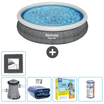 Produktbild von Bestway runder aufblasbarer Fast-Set-Pool – Rattan-Druck – 366 x 76 cm – inklusive Pumpe Sonnensegel - Wartungspaket - Filter - Bodenfliesen