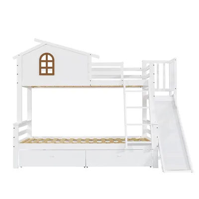 Produktbild von Kinderbett mit Rutsche und Schubladen Etagenbett Jugendbett 90x200 & 120x200cm Weiß