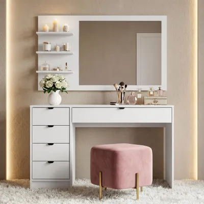 Produktbild von BEAUTYSOFA | Schminktisch MALTA Weiß 120 cm mit Spiegel und 5 Schubladen – rechts oder links montierbar, Moderner Frisiertisch, mit Griffe