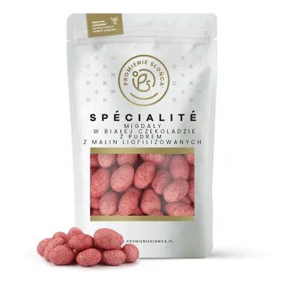 Zdjęcie produktu dla Migdały w Białej Czekoladzie w Pudrem z Malin Liofilizowanych 500 g
