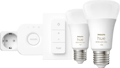 Produktbild von Philips Hue White and Color ambiance Starter-Set: E27 - Lampe A60 Doppelpack + Dimmschalter + Smart Plug, Set für intelligente Beleuchtung, Bluetooth/Zigbee, Weiß, LED, E27, A60