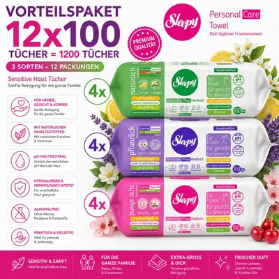 Produktbild von Sleepy Easy Clean Sensitive Mix Set 12x100 Tücher – Zitrone & Lorbeer, Jasmin & Lavendel, Kirsche & Lilie – für Babys, Kinder & Erwachsene