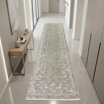 Zdjęcie produktu dla Ciemnobrązowy dywan z wzorem na brzegach, frędzlami i nowoczesnym designem. Wymiary: 80 x 300 cm