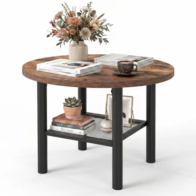 Immagine prodotto di COSTWAY, tavolino rotondo, tavolino da salotto, tavolino ausiliario, struttura in metallo robusta, ripiani in griglia metallica, tavolino da caffè moderno, colore marrone rustico