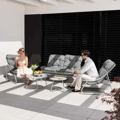 Produktbild von di volio Gartenmöbel Set ARSOLI – grau, moderne Gartenlounge aus Stahl, 1x Sofa, 2x Sessel, 2x Tisch, wetterfest & bequem