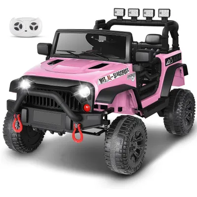 Produktbild von 12V Elektro Kinderfahrzeug Kinderauto Jeep mit Tür, 2x Motoren, mit Fernbedienung, LED Lichts, eingebauter Musik, Bluetooth-Verbindung, Pink