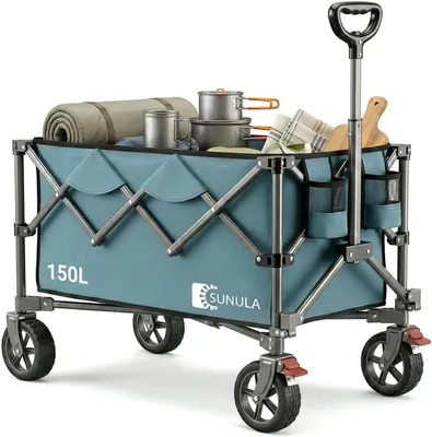 Imagen del producto de Carro de mano plegable, con capacidad de carga de 120 kg, volumen de 150 litros, ruedas todoterreno, ideal para jardín y camping