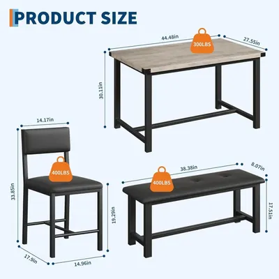 Obrázek produktu pro Sada nábytku pro 4 osoby – jídelní stůl se 2 polstrovanými židlemi a lavicí – dřevo – úsporný design – vhodný do malých prostor – šedá barva