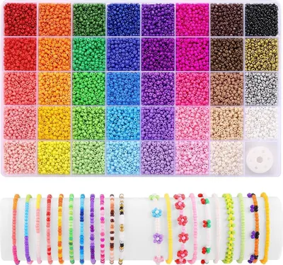 A flat lay of a bead kit and several finished bracelets.